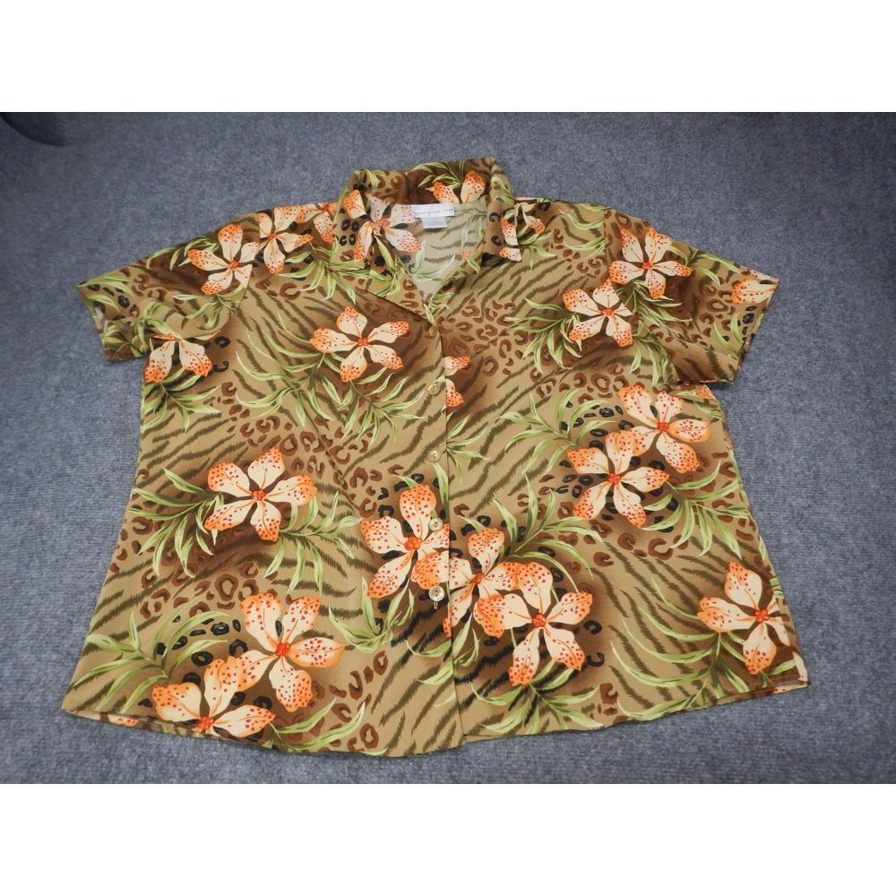 Susan Graver Style Tropical Button-Up Shirt Plus Size 2X Floral Animial Print